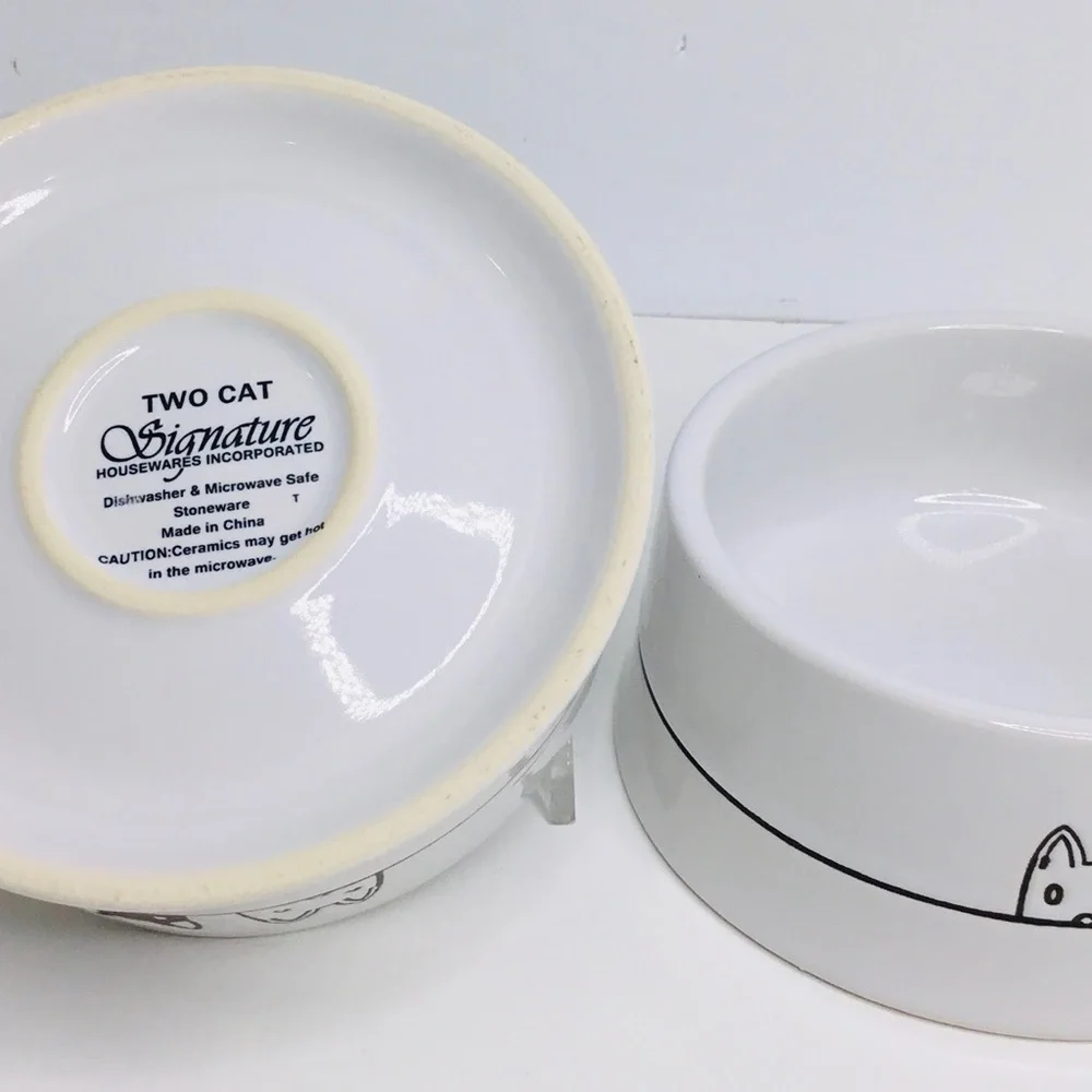 2 Two Cat Heads Signature Stoneware Cat Dish